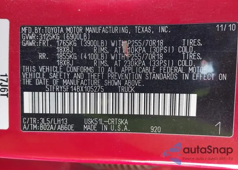 2011 Toyota Tundra Grade 5.7L V8 from USA, damaged, VIN 5TFRY5F14BX105275